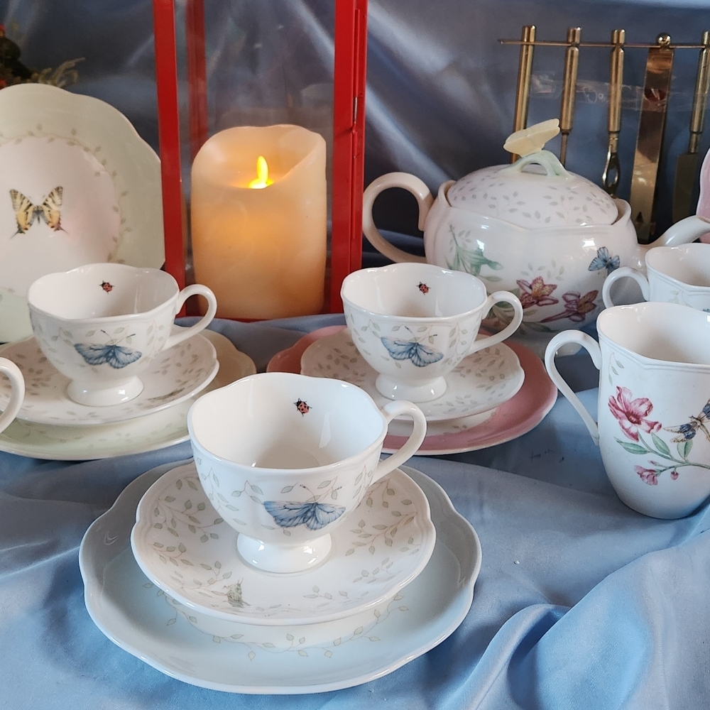 Beautiful Lenox Butterfly Meadow Tea Set Collection With Mugs And Salad Plates
